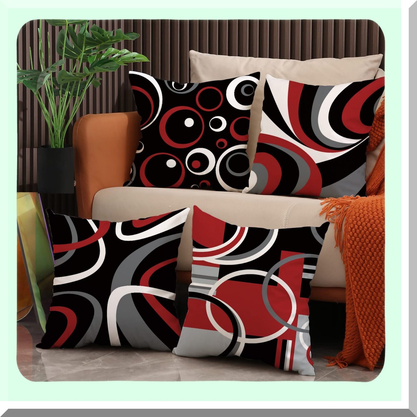 Abstract Circle Decor Pillow Set - Red Black Grey 18x18 - Geometric Pattern Sofa Couch Living Room Bedroom Outdoor - Modern Pillowcases 4 Pack