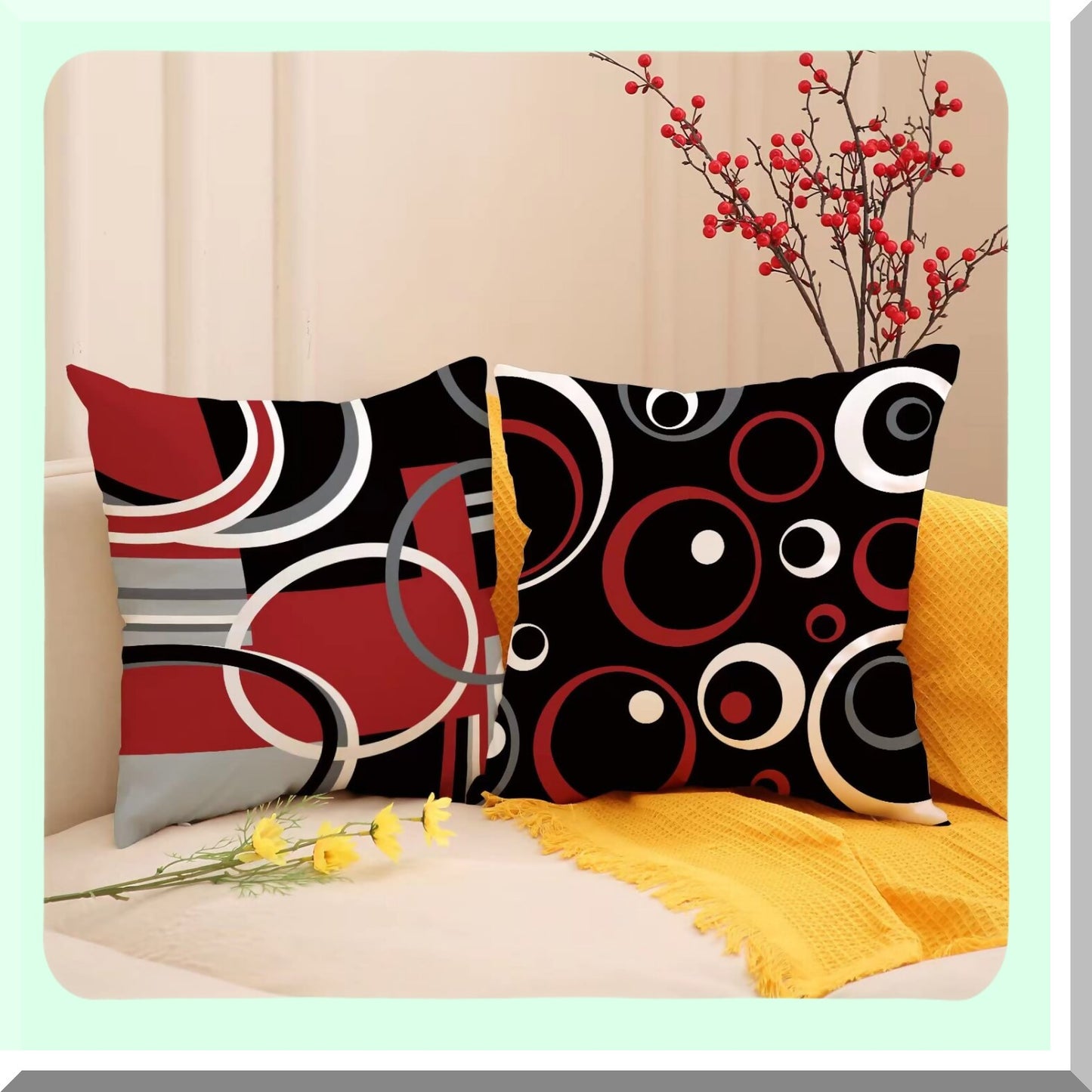 Abstract Circle Decor Pillow Set - Red Black Grey 18x18 - Geometric Pattern Sofa Couch Living Room Bedroom Outdoor - Modern Pillowcases 4 Pack
