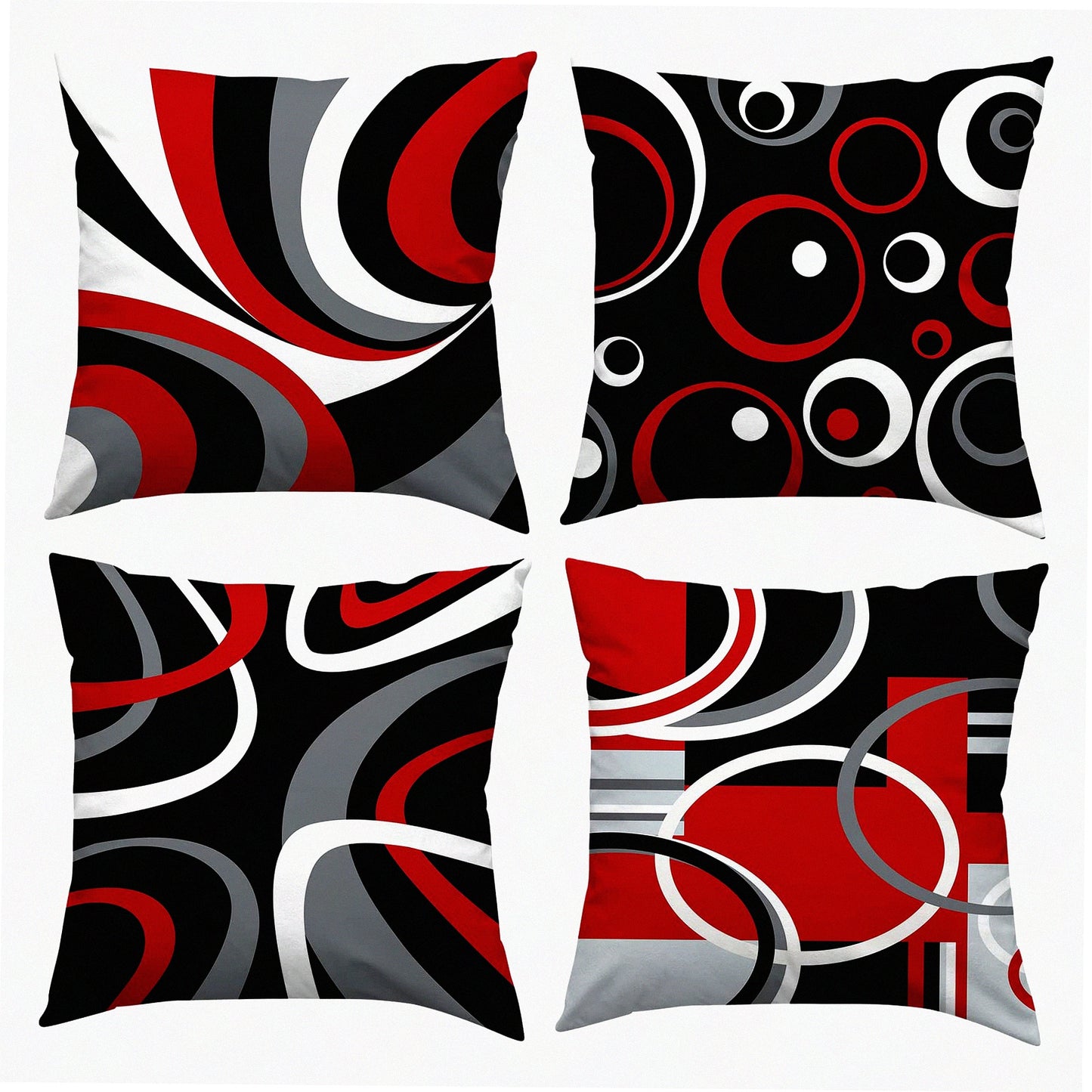 Abstract Circle Decor Pillow Set - Red Black Grey 18x18 - Geometric Pattern Sofa Couch Living Room Bedroom Outdoor - Modern Pillowcases 4 Pack