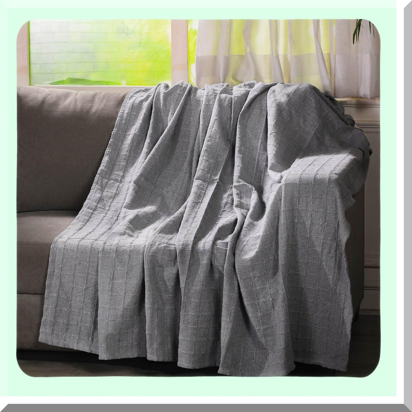 CozyWeave 100% Cotton Gray Throw Blanket - Super Soft, Breathable, Lightweight, Woven Checker Pattern, 68x90 inches - Perfect Gift