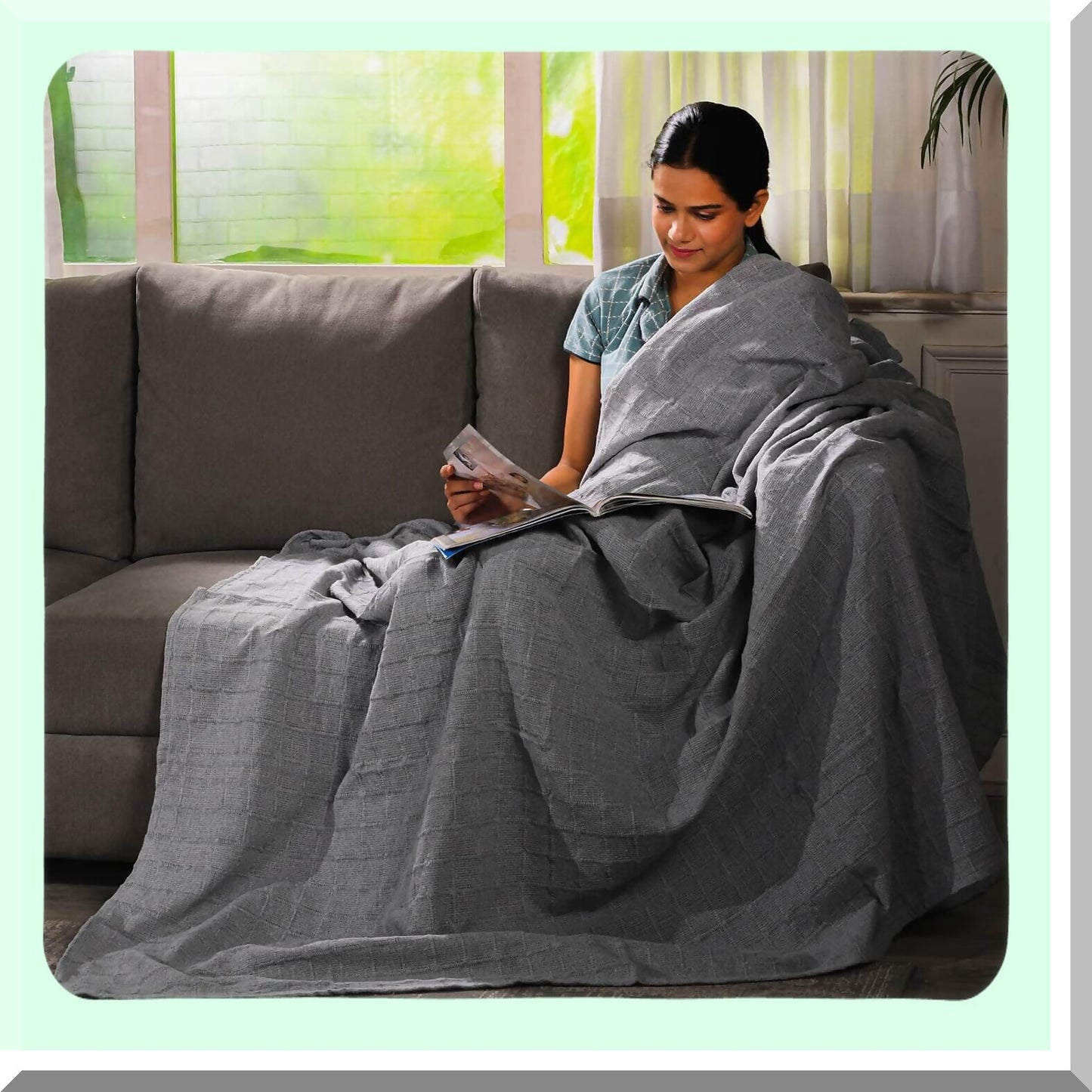 CozyWeave 100% Cotton Gray Throw Blanket - Super Soft, Breathable, Lightweight, Woven Checker Pattern, 68x90 inches - Perfect Gift