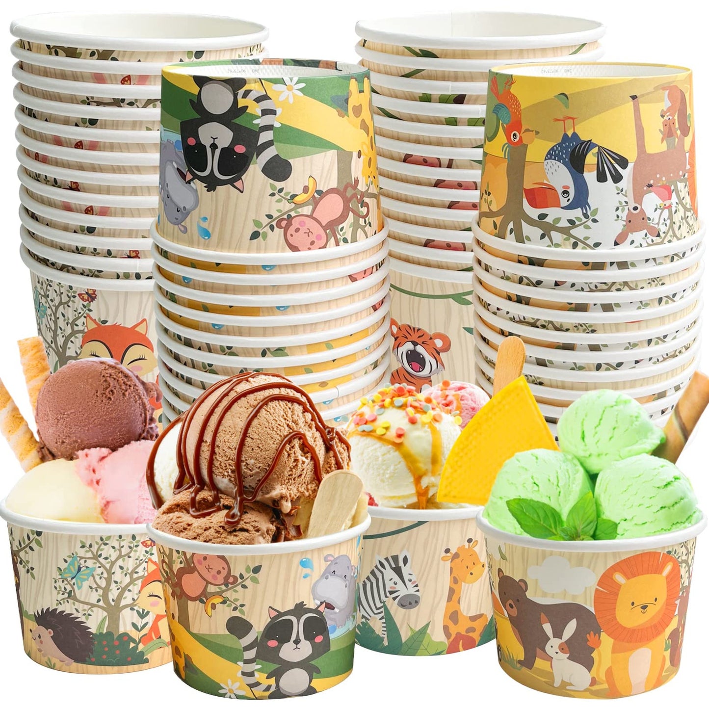 Jungle Party Paper Ice Cream Cups - 48 Pack 9 oz Disposable Safari Bowls for Birthday, Wedding, Baby Shower - Dessert Containers & Snack Bowls
