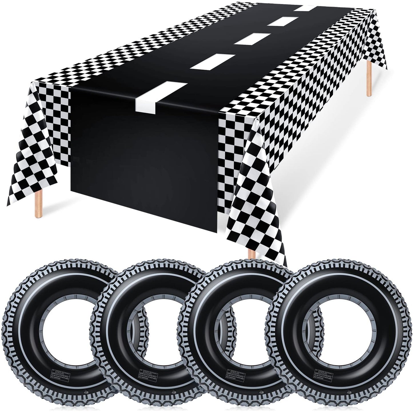 Race Day Party Pack: Checkered Tablecloth, Road Table Runner, Inflatable Tire Tubes - Perfect for Racing Car Theme Birthday Celebrations!