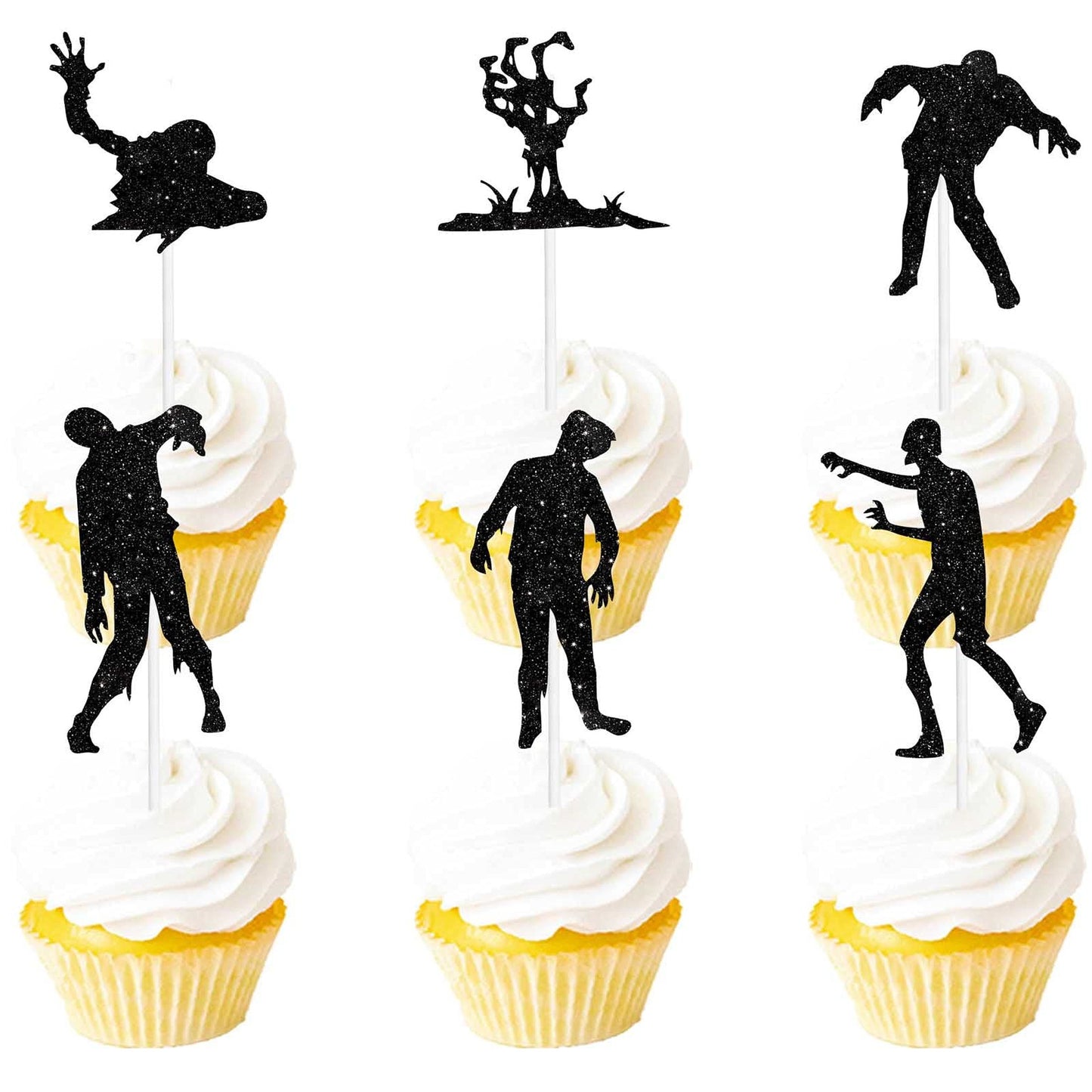 Glittery Zombie Cupcake Toppers - Fantasy Theme Dessert Decor for Birthday Parties - Boys, Girls, Men, Women - Black & Happy Theme