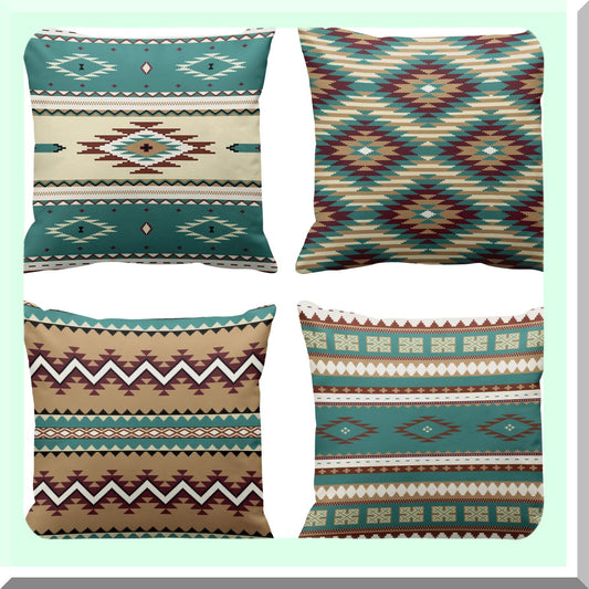 South Western Turquoise Tribal Pillow Covers - Set of 4 | Ethnic Seamless Pattern Decorative Cases for Home Decor | Standard Square 16x16 Inches Pillowcases