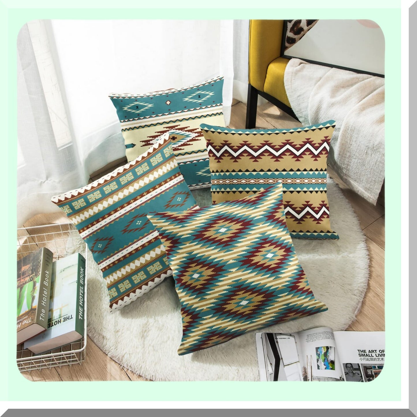 South Western Turquoise Tribal Pillow Covers - Set of 4 | Ethnic Seamless Pattern Decorative Cases for Home Decor | Standard Square 16x16 Inches Pillowcases