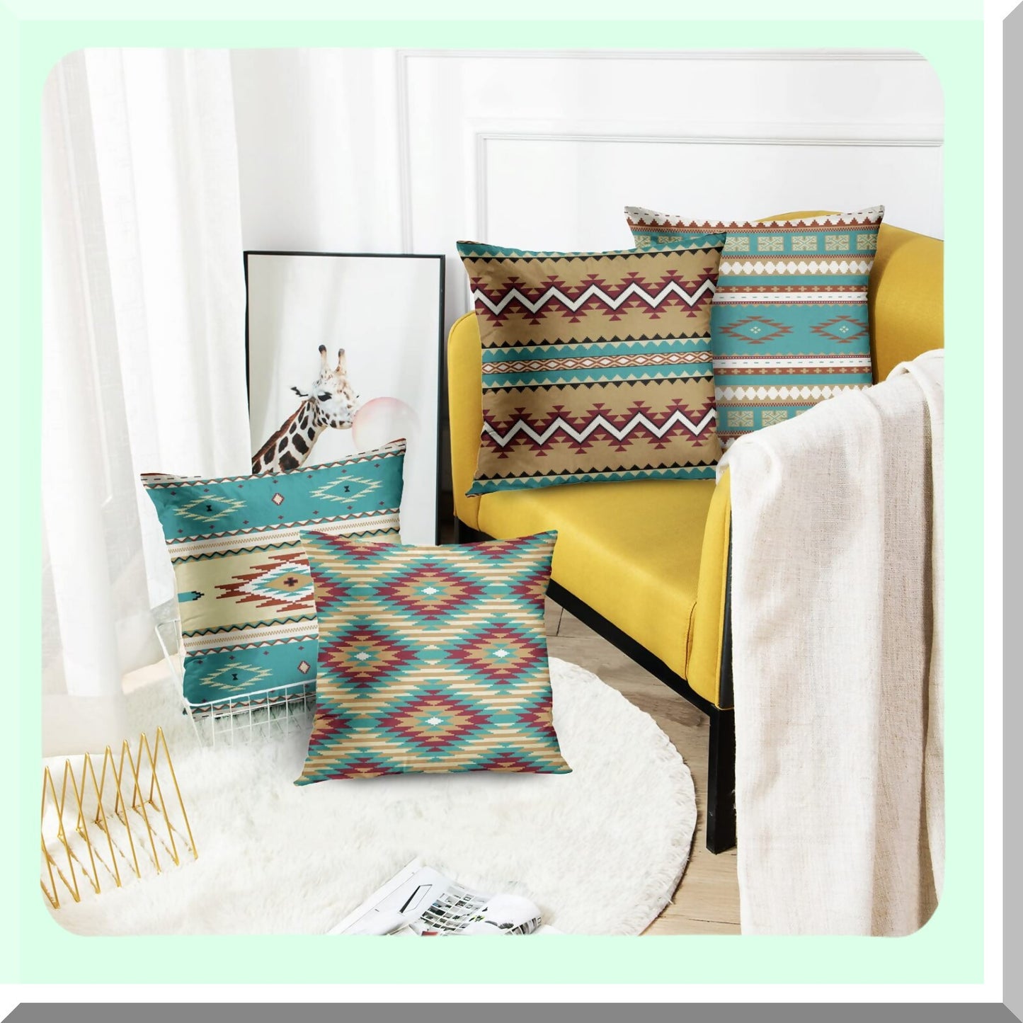 South Western Turquoise Tribal Pillow Covers - Set of 4 | Ethnic Seamless Pattern Decorative Cases for Home Decor | Standard Square 16x16 Inches Pillowcases