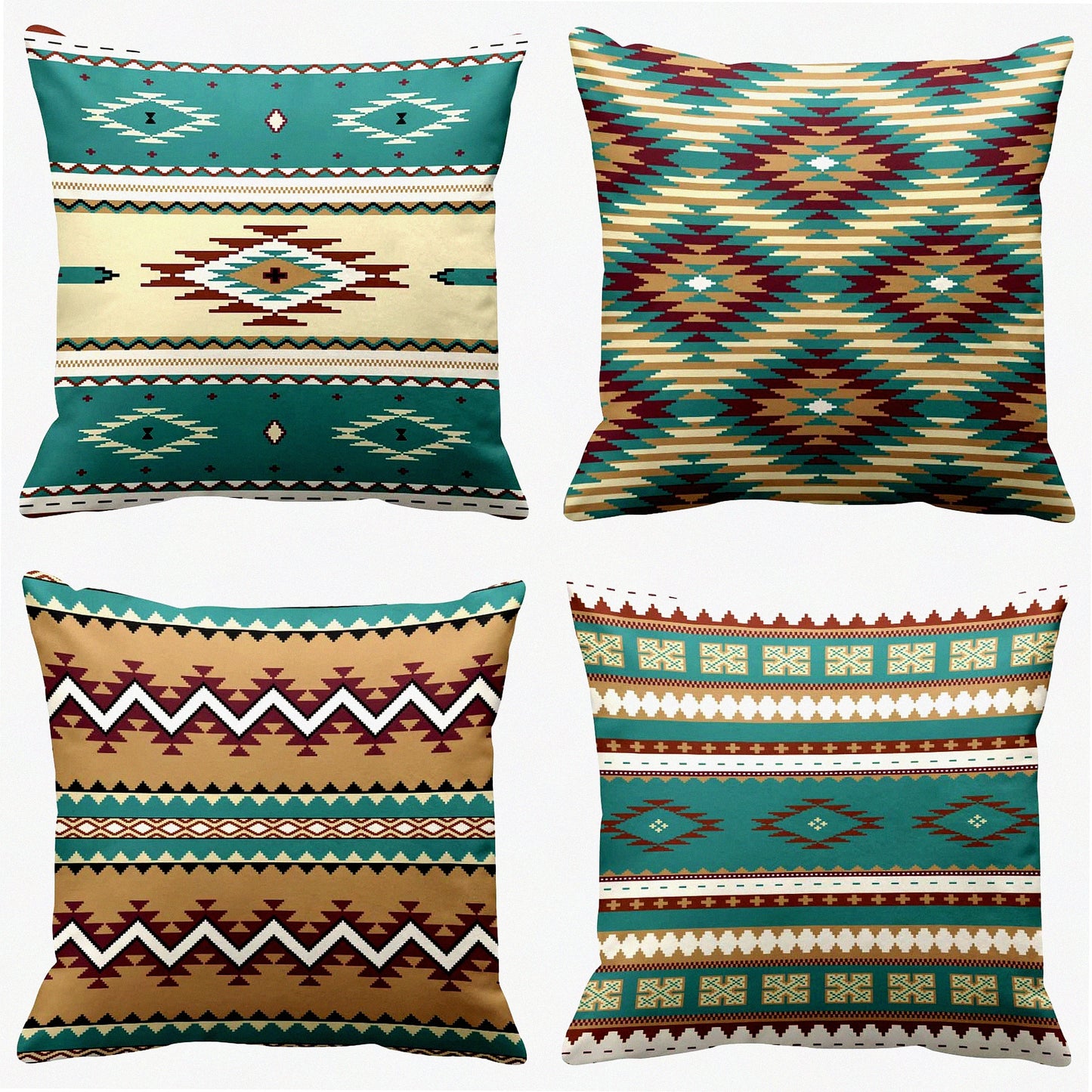 South Western Turquoise Tribal Pillow Covers - Set of 4 | Ethnic Seamless Pattern Decorative Cases for Home Decor | Standard Square 16x16 Inches Pillowcases
