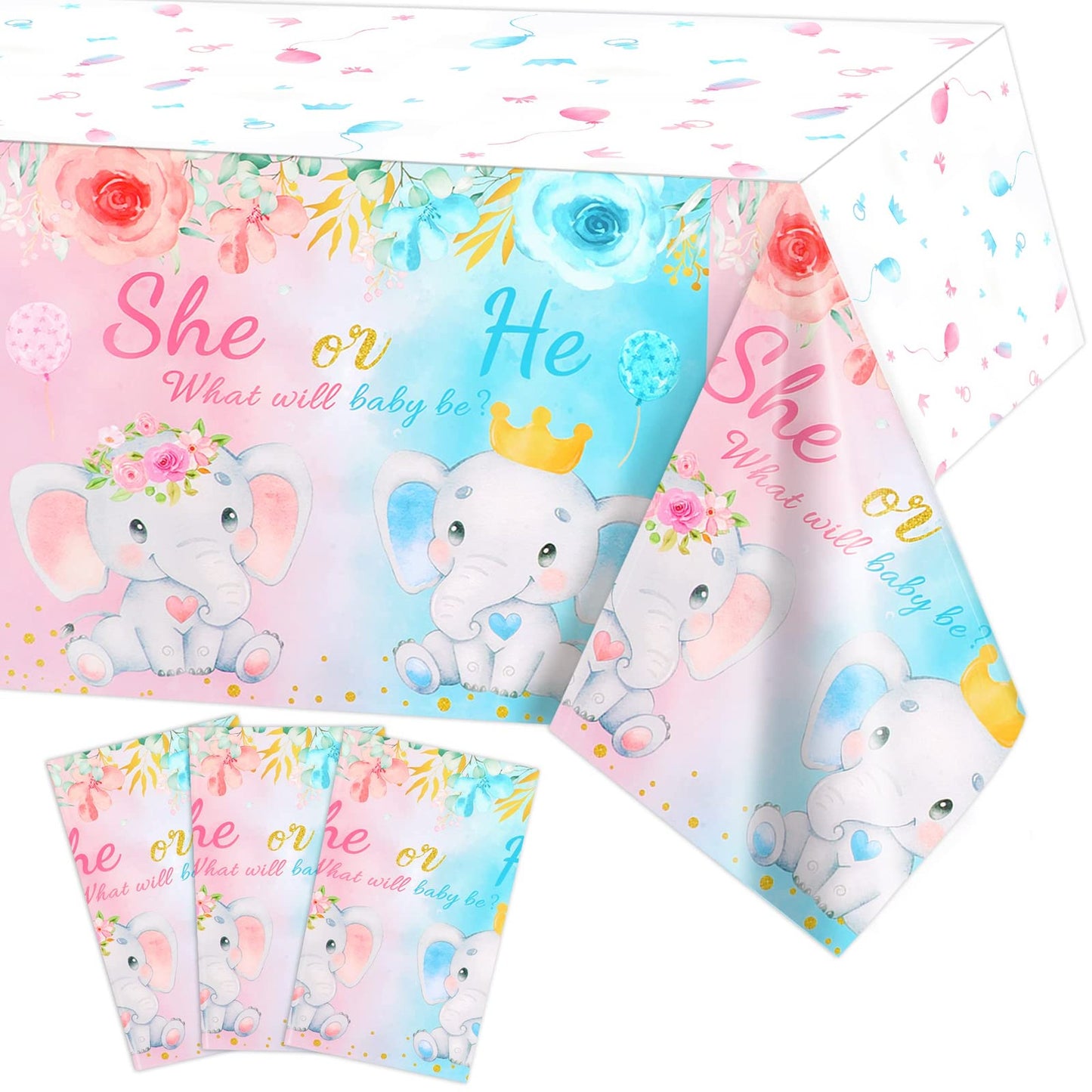 Gender Reveal Party Tablecloth Trio - Baby Elephants Blue & Pink Disposable Table Covers for Boy or Girl Baby Shower Decorations & Supplies