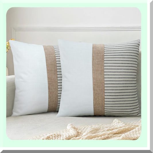 Modern Farmhouse Striped Pillow Covers Set - Grey Beige Accent Square Throw Cushion Cases - Patchwork Decor for Sofa Couch Chair Bedroom - 18x18