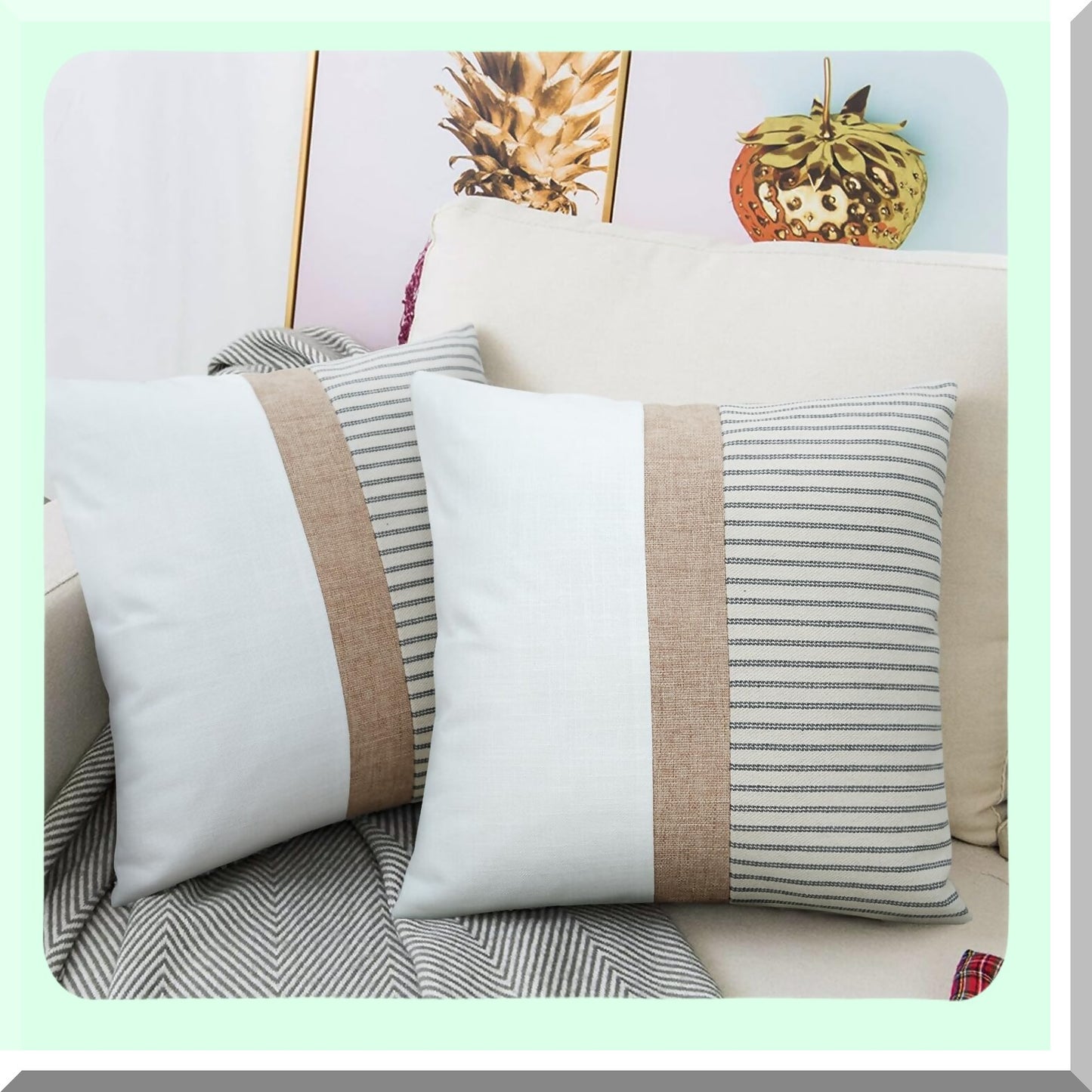 Modern Farmhouse Striped Pillow Covers Set - Grey Beige Accent Square Throw Cushion Cases - Patchwork Decor for Sofa Couch Chair Bedroom - 18x18