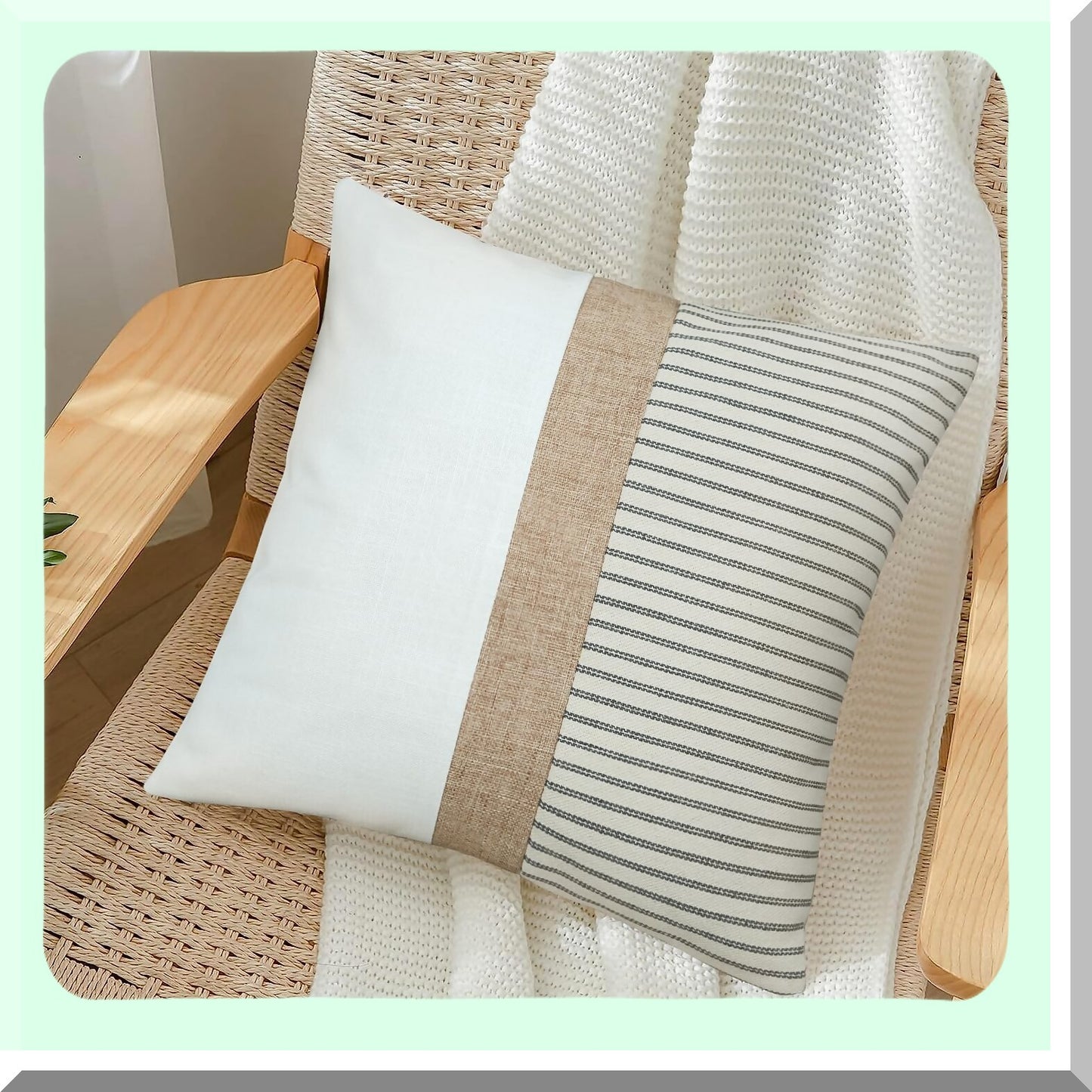 Modern Farmhouse Striped Pillow Covers Set - Grey Beige Accent Square Throw Cushion Cases - Patchwork Decor for Sofa Couch Chair Bedroom - 18x18
