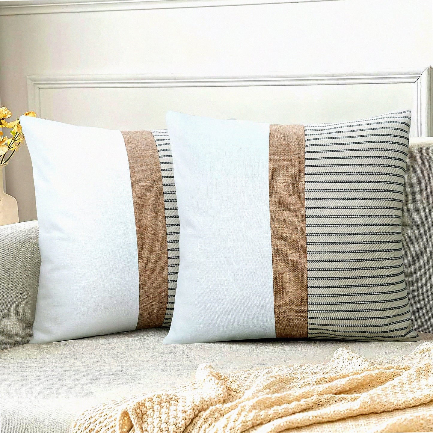 Modern Farmhouse Striped Pillow Covers Set - Grey Beige Accent Square Throw Cushion Cases - Patchwork Decor for Sofa Couch Chair Bedroom - 18x18