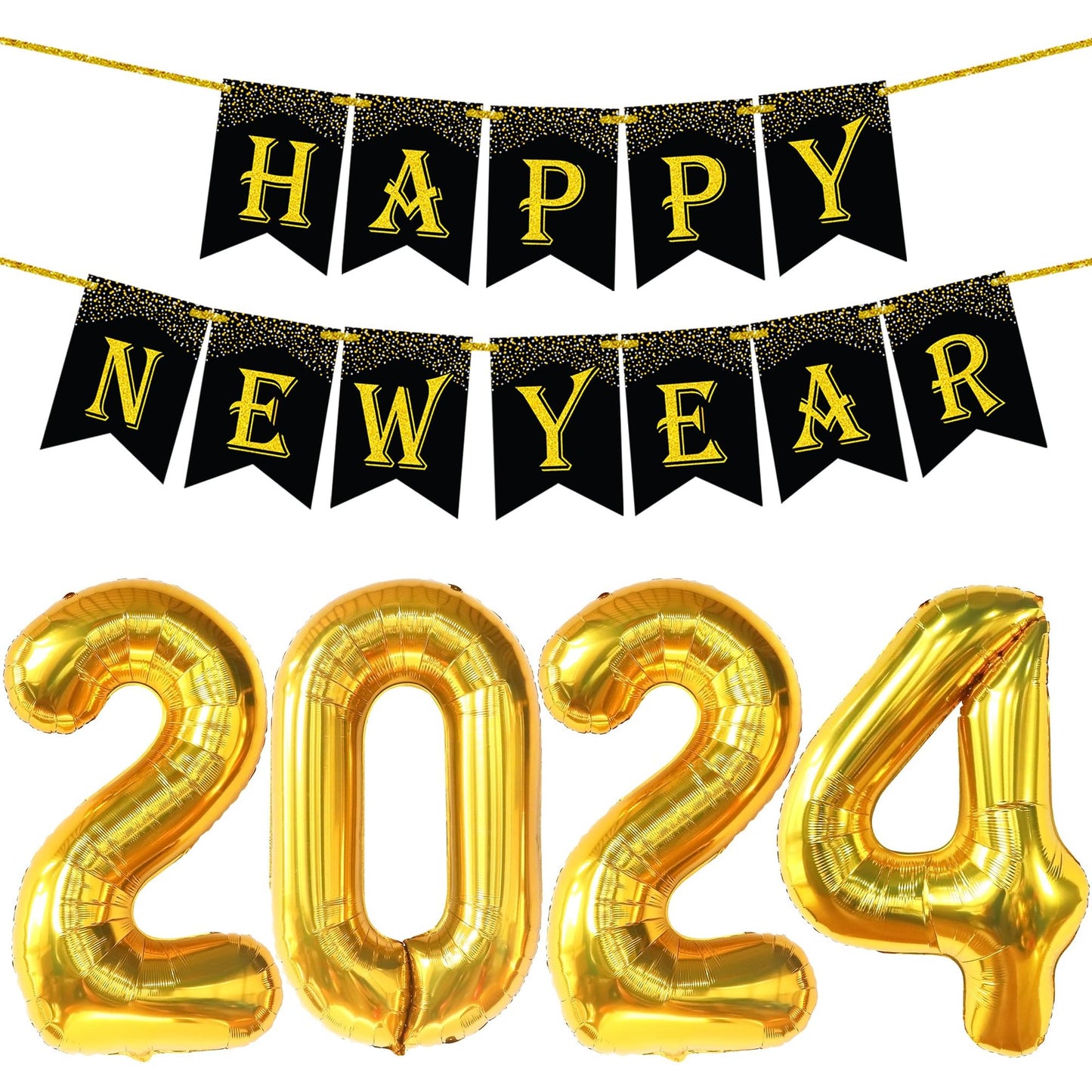 Giant Gold 2024 Balloons and Happy New Year Banner