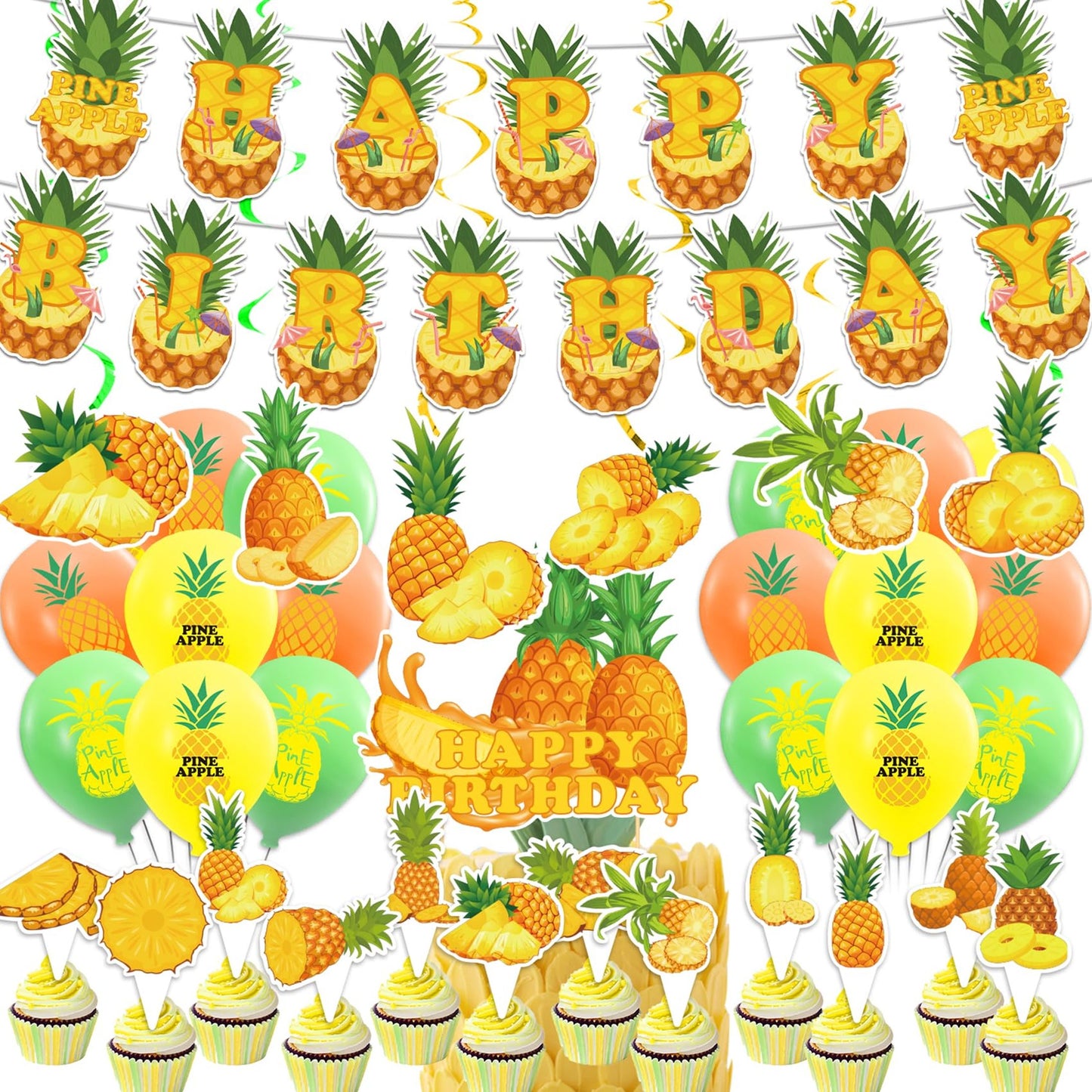 Tropical Pineapple Party Pack - Birthday Banner, Cake Topper, Hanging Swirls, Cupcake Toppers, Balloons - Hawaiian Luau Decorations for a Fun Party!