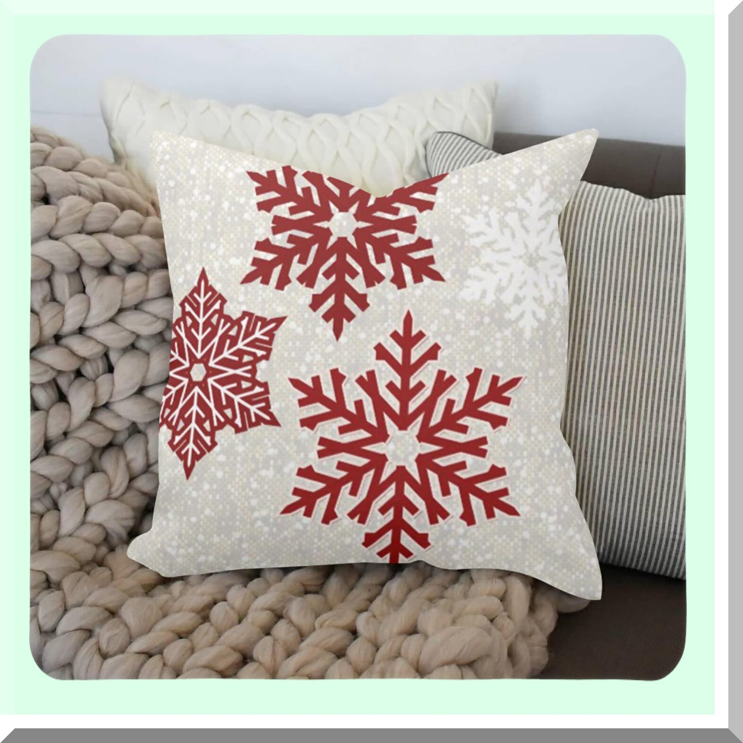 Snowflake Red Xmas Decor Pillowcase - Festive Square Cushion Cover for Home Decor - Merry Throw Pillow