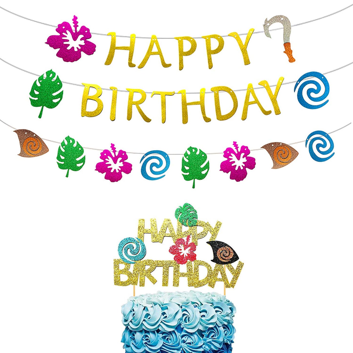 Glitter Moana Birthday Banner and Cake Toppers