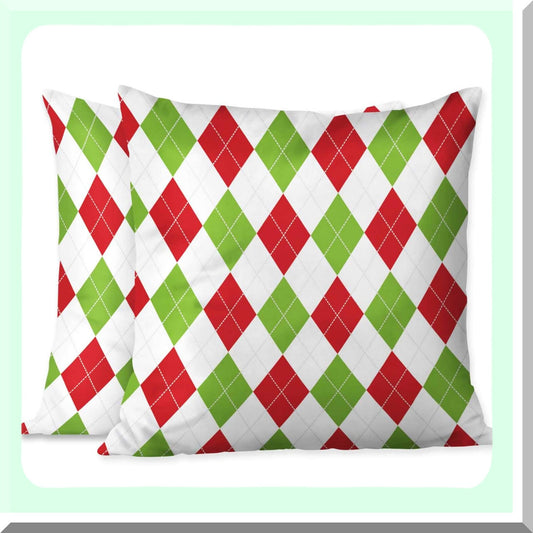 Diamond Checkered Decor Pillow Covers - Set of 2, Red Green White Sofa Bedroom Car Living Room Cushion Cases, 18x18 Inch