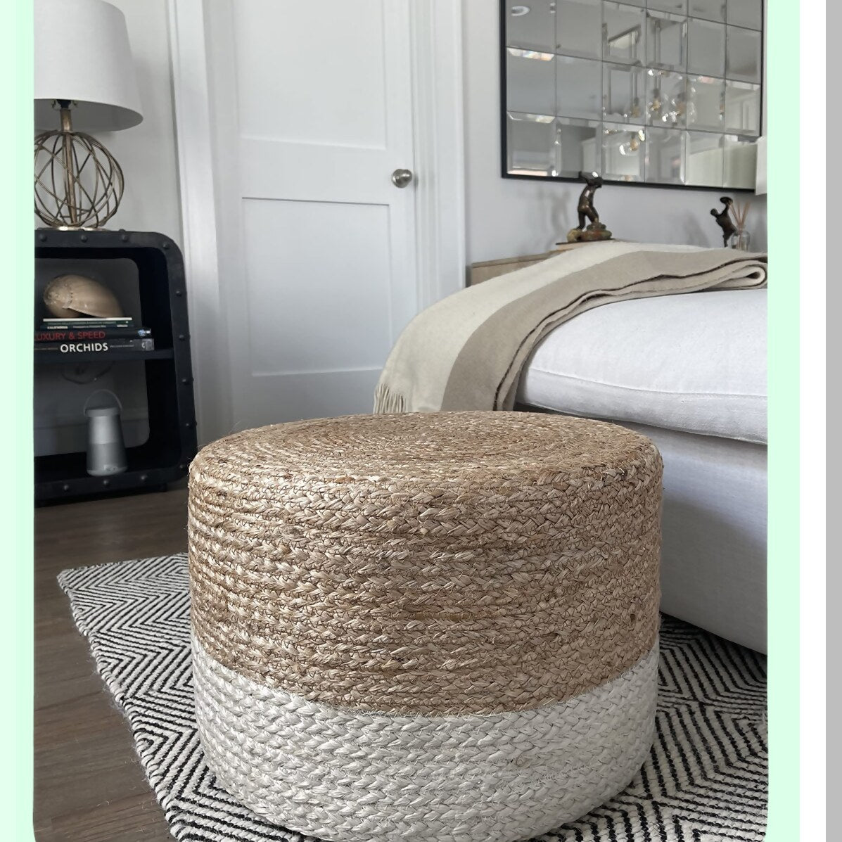 Jute Braided Boho Pouf - Hand Knitted Footrest Ottoman for Living Room, Bedroom, Nursery - Colorblock Ivory Pouffe - 18x18x12 Square Pouf