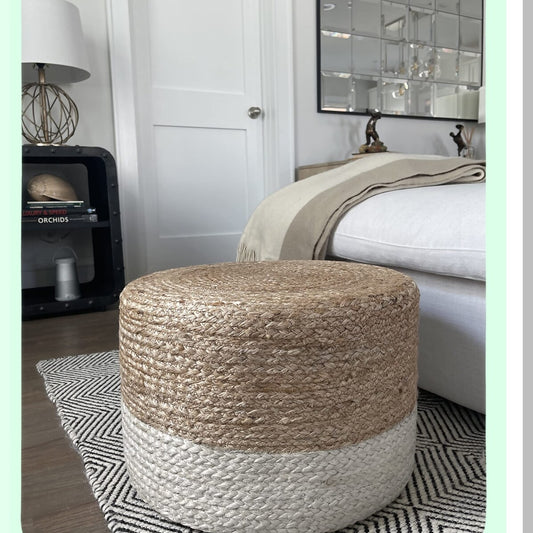 Jute Braided Boho Pouf - Hand Knitted Footrest Ottoman for Living Room, Bedroom, Nursery - Colorblock Ivory Pouffe - 18x18x12 Square Pouf