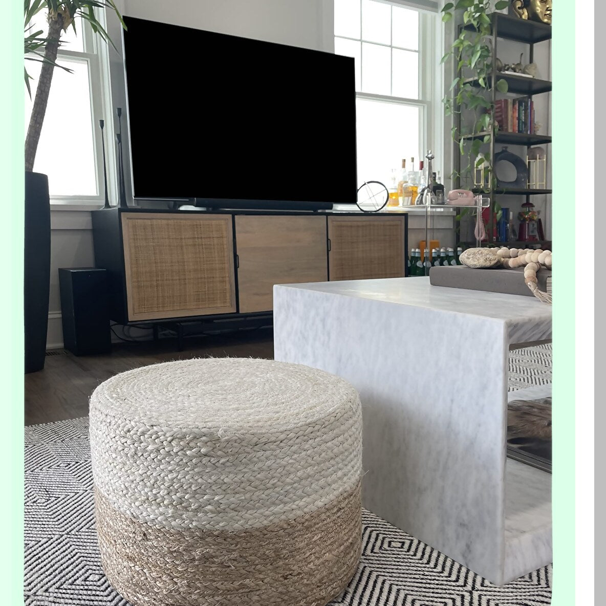 Jute Braided Boho Pouf - Hand Knitted Footrest Ottoman for Living Room, Bedroom, Nursery - Colorblock Ivory Pouffe - 18x18x12 Square Pouf