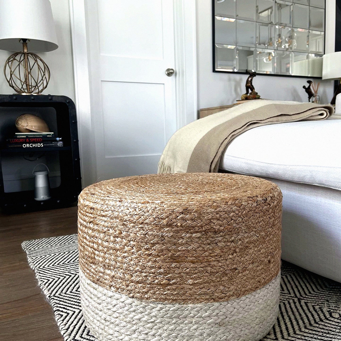 Jute Braided Boho Pouf - Hand Knitted Footrest Ottoman for Living Room, Bedroom, Nursery - Colorblock Ivory Pouffe - 18x18x12 Square Pouf