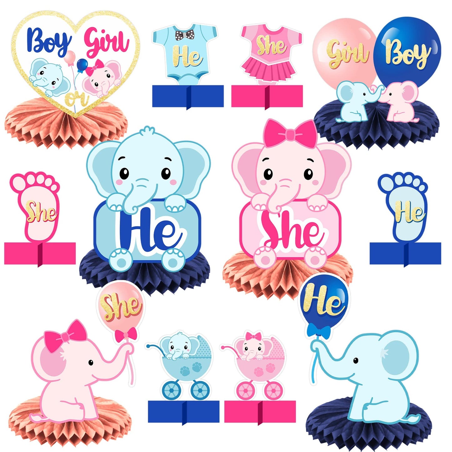 Cute Elephant Honeycomb Gender Reveal Party Decor Kit - Pink Blue Theme Centerpieces & Favors for Baby Shower, 1st Birthday Announcement.