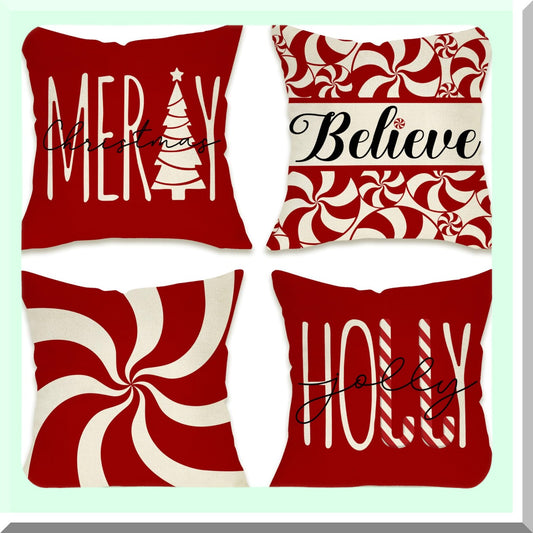 Holly Jolly Candy Cane Christmas Pillow Cover Set - Festive Winter Holiday Decorative Cushion Case for Porch Patio Outdoor Home Décor - 18 x 18, Set of 4