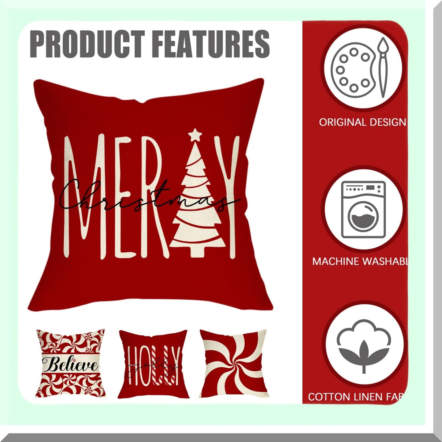 Holly Jolly Candy Cane Christmas Pillow Cover Set - Festive Winter Holiday Decorative Cushion Case for Porch Patio Outdoor Home Décor - 18 x 18, Set of 4