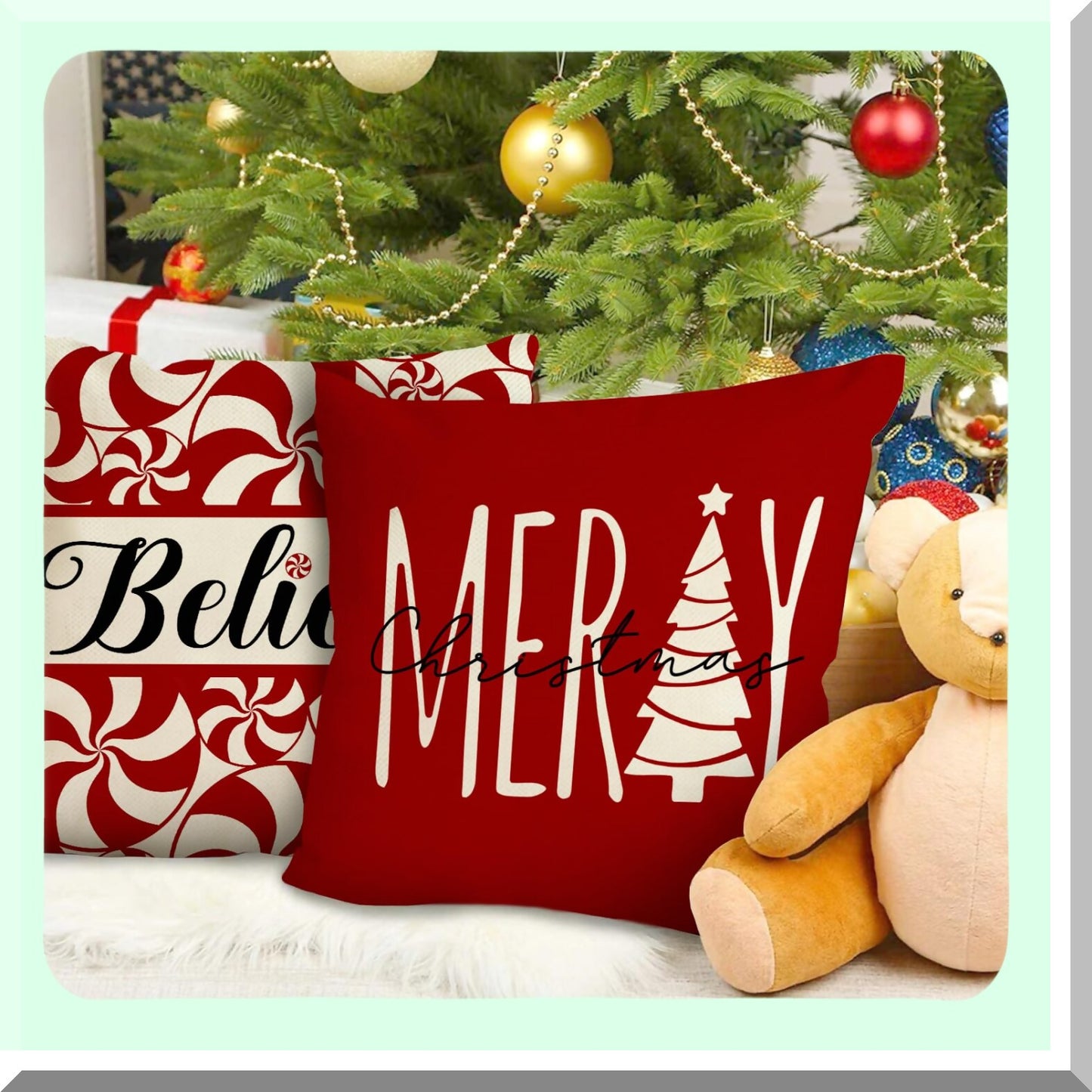 Holly Jolly Candy Cane Christmas Pillow Cover Set - Festive Winter Holiday Decorative Cushion Case for Porch Patio Outdoor Home Décor - 18 x 18, Set of 4