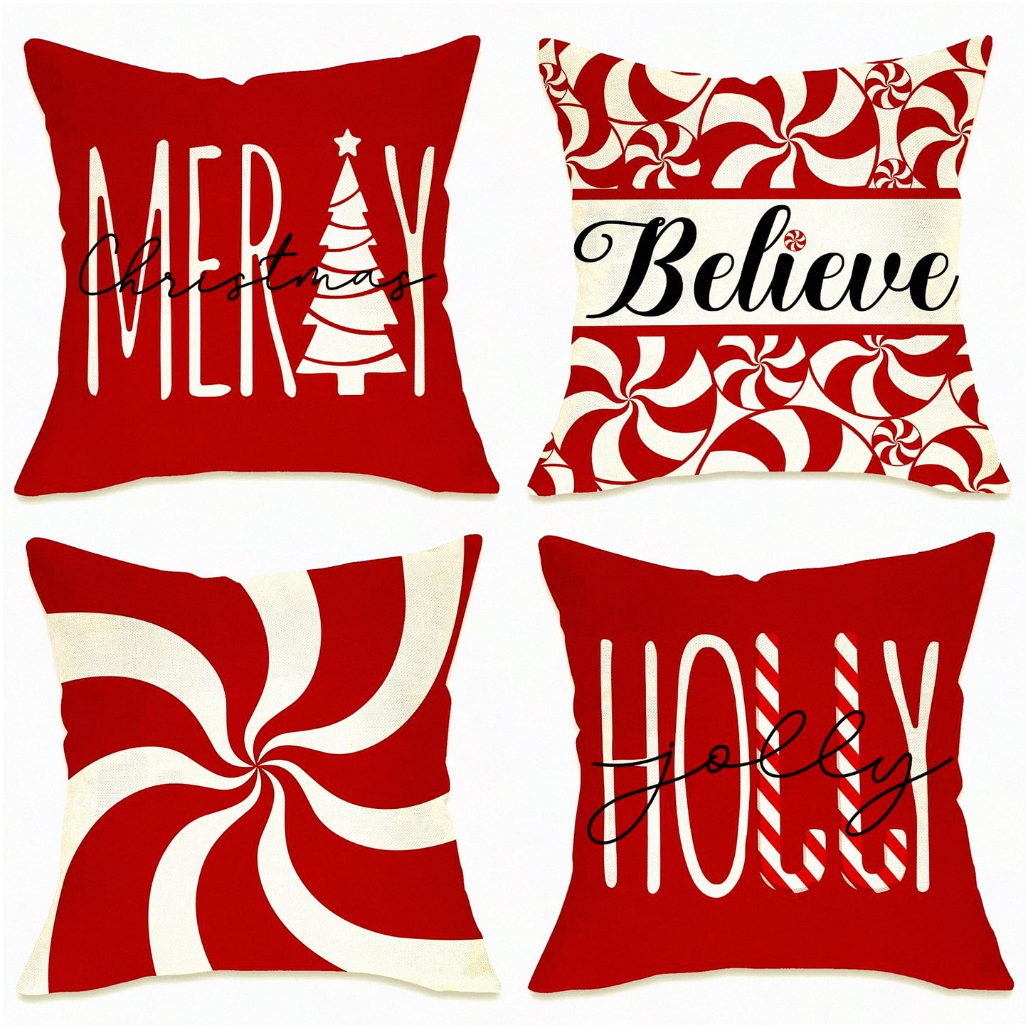 Holly Jolly Candy Cane Christmas Pillow Cover Set - Festive Winter Holiday Decorative Cushion Case for Porch Patio Outdoor Home Décor - 18 x 18, Set of 4