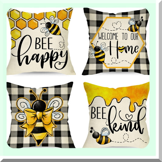 Happy Hive Farmhouse Pillow Covers - Set of 4, Bee Kind Decorative Cushion Cases 20 x 20, Black White Buffalo Plaid Honey Theme, Summer Spring Home Decor for Sofa Couch