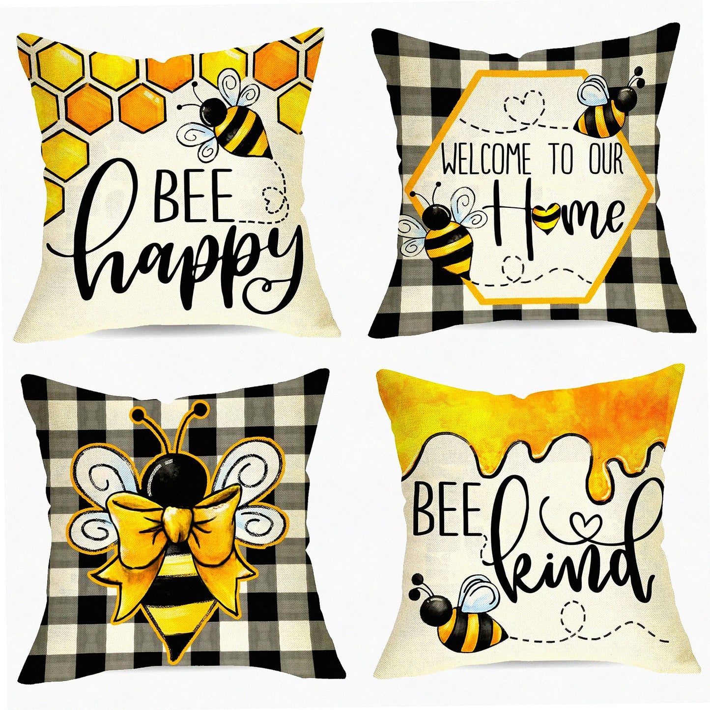 Happy Hive Farmhouse Pillow Covers - Set of 4, Bee Kind Decorative Cushion Cases 20 x 20, Black White Buffalo Plaid Honey Theme, Summer Spring Home Decor for Sofa Couch