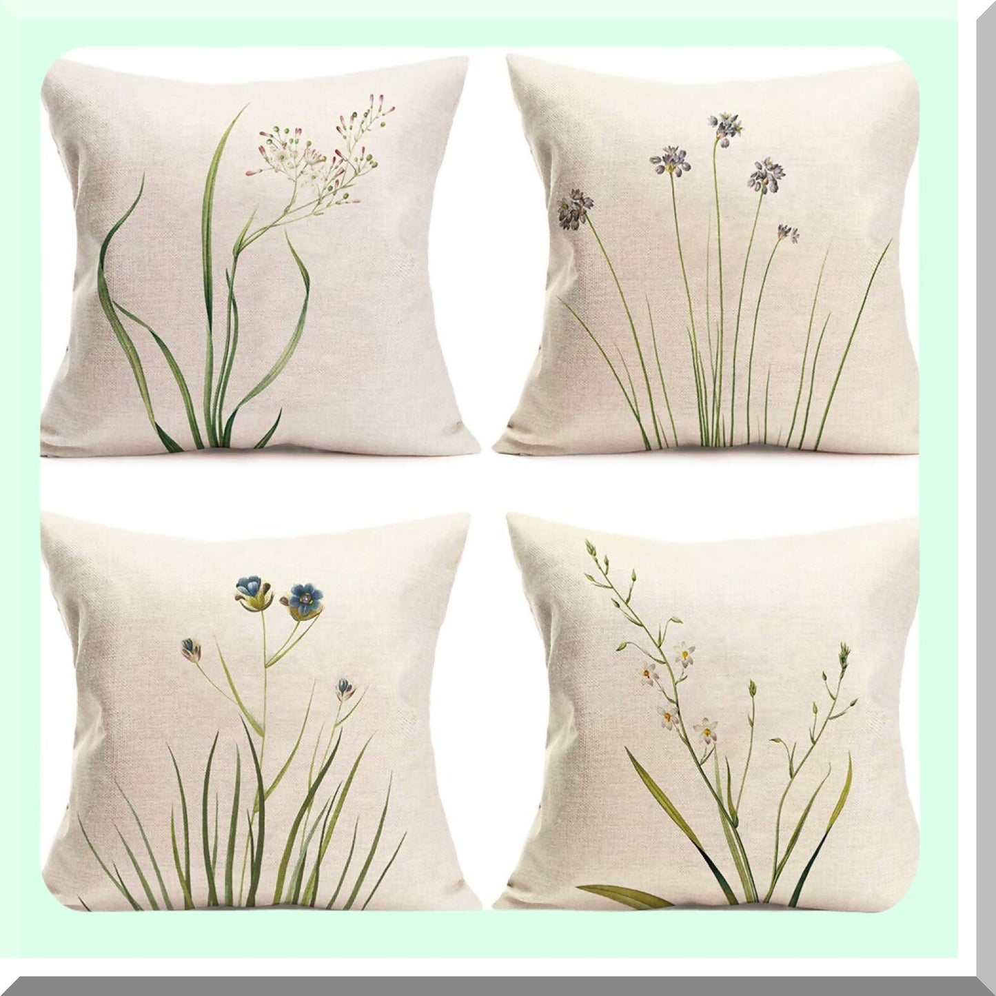 Fresh Blooms Decorative Pillow Cover Set - Set of 4 Green Plant Flower Art Cushion Covers for Sofa Couch - Spring Summer Home Decor - 24" x 24"
