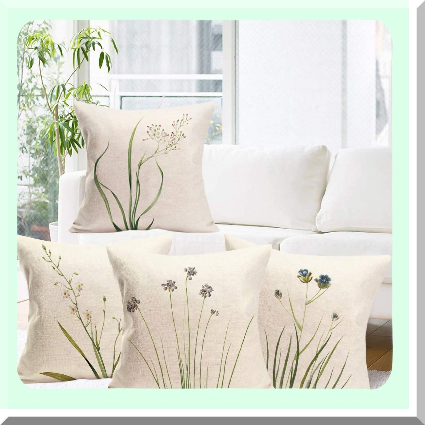 Fresh Blooms Decorative Pillow Cover Set - Set of 4 Green Plant Flower Art Cushion Covers for Sofa Couch - Spring Summer Home Decor - 24" x 24"