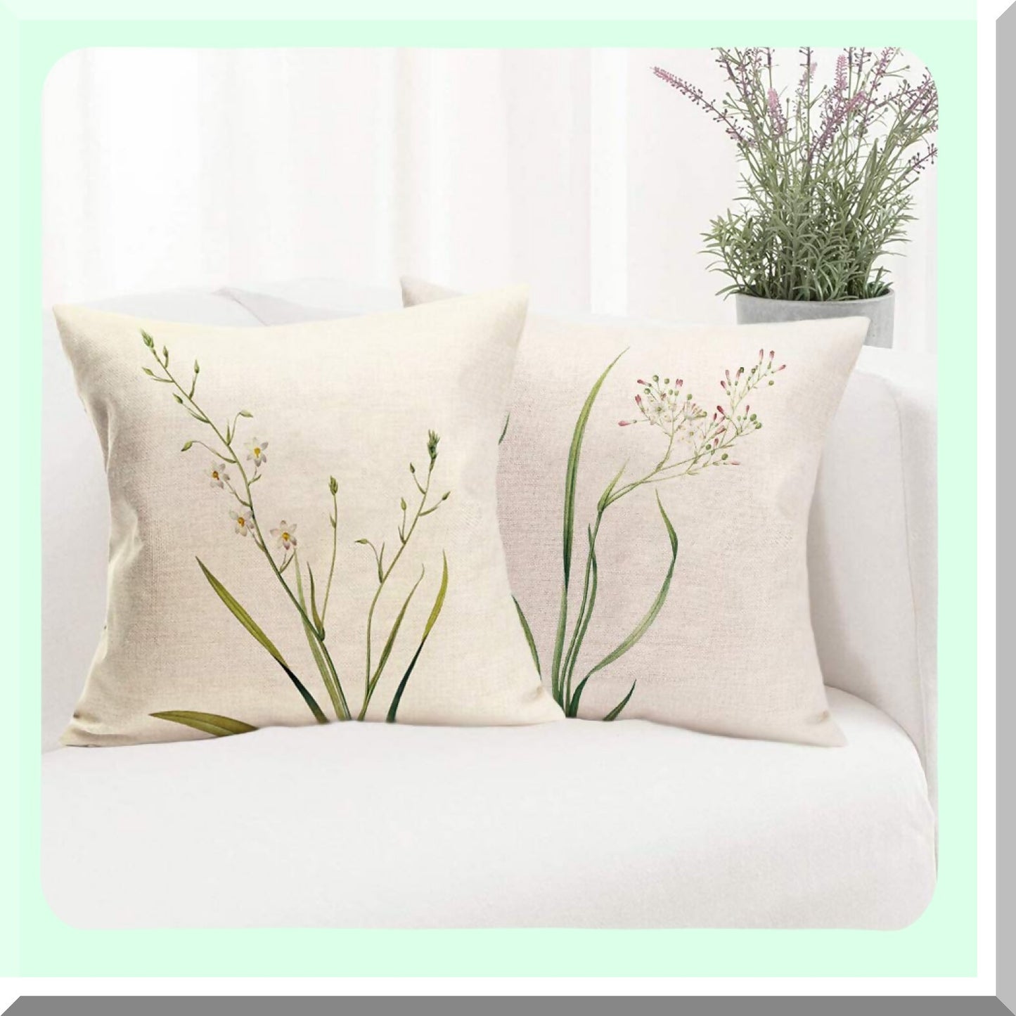 Fresh Blooms Decorative Pillow Cover Set - Set of 4 Green Plant Flower Art Cushion Covers for Sofa Couch - Spring Summer Home Decor - 24" x 24"