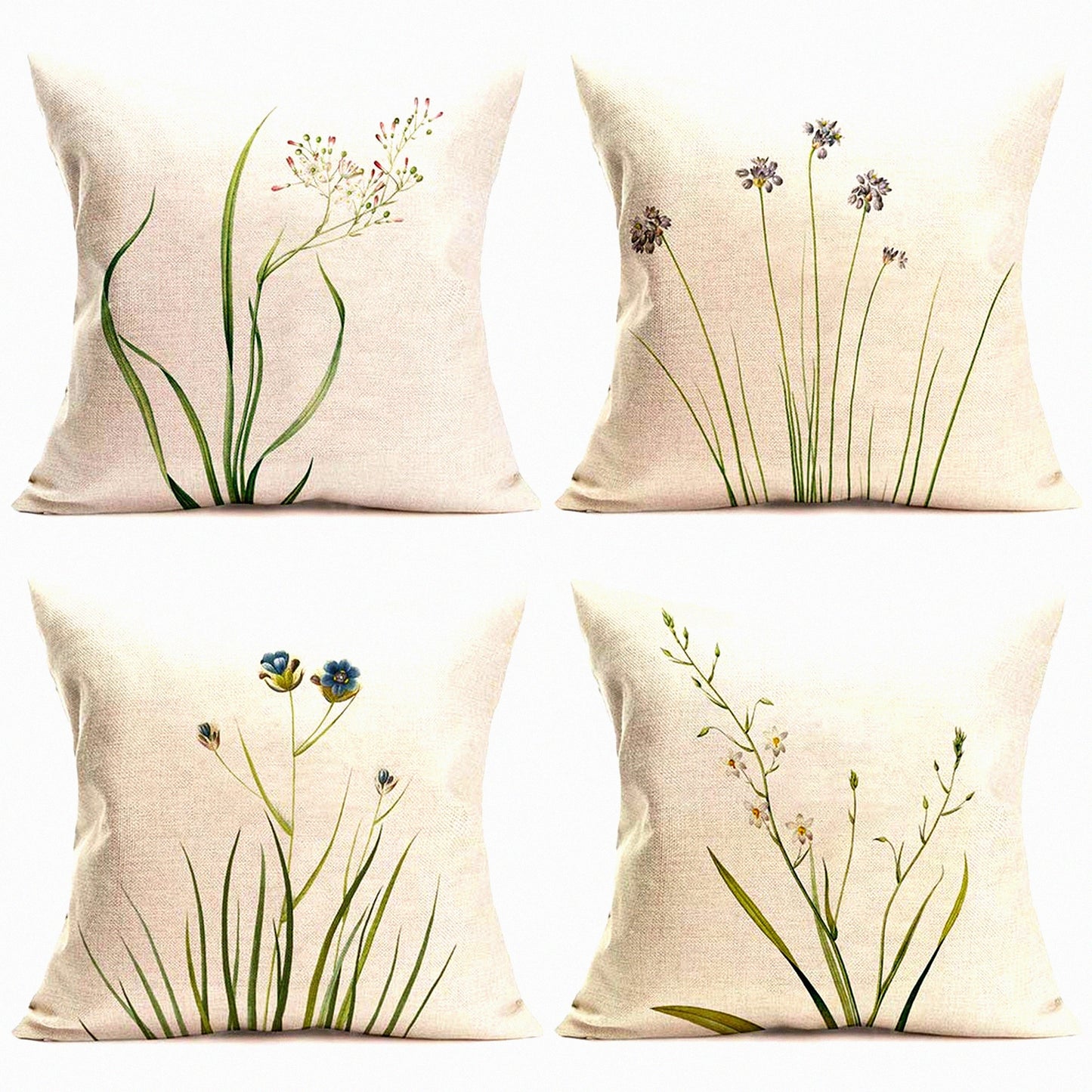 Fresh Blooms Decorative Pillow Cover Set - Set of 4 Green Plant Flower Art Cushion Covers for Sofa Couch - Spring Summer Home Decor - 24" x 24"