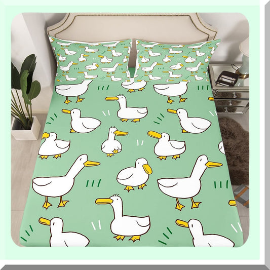 Farmhouse Duck Fitted Sheet Set - Soft Luxury Bedding with Cute Livestock Animal Design - Green Themed Bed Cover with Elastic Pocket & Pillowcases