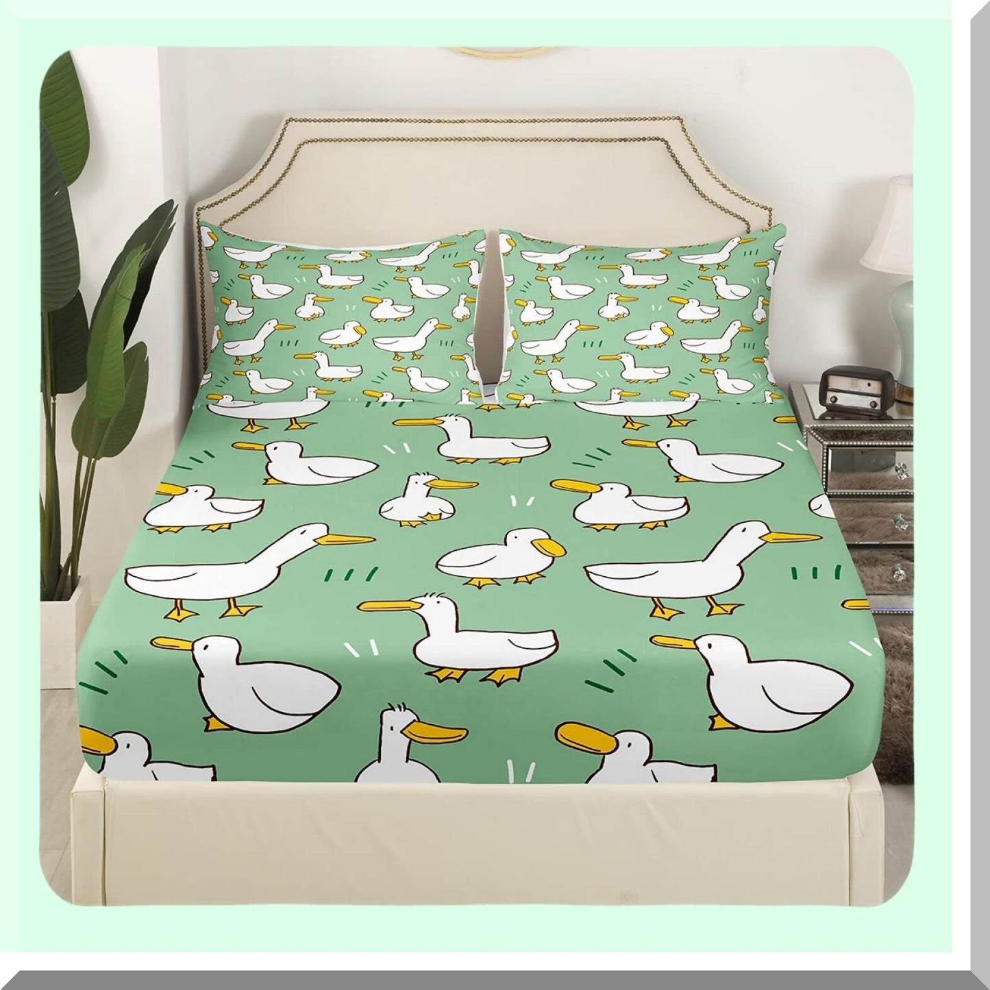 Farmhouse Duck Fitted Sheet Set - Soft Luxury Bedding with Cute Livestock Animal Design - Green Themed Bed Cover with Elastic Pocket & Pillowcases