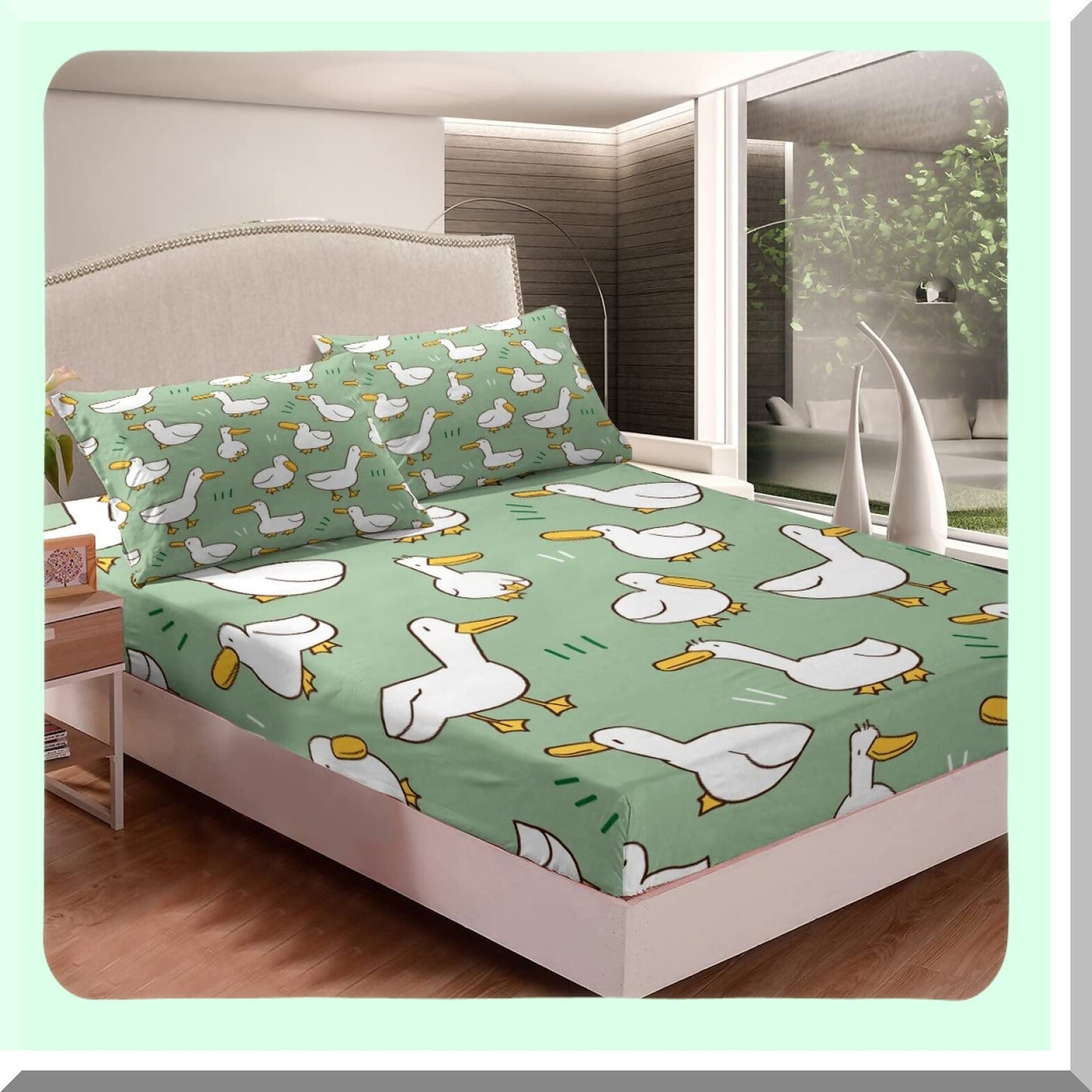 Farmhouse Duck Fitted Sheet Set - Soft Luxury Bedding with Cute Livestock Animal Design - Green Themed Bed Cover with Elastic Pocket & Pillowcases