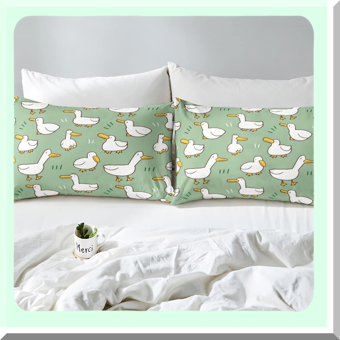 Farmhouse Duck Fitted Sheet Set - Soft Luxury Bedding with Cute Livestock Animal Design - Green Themed Bed Cover with Elastic Pocket & Pillowcases