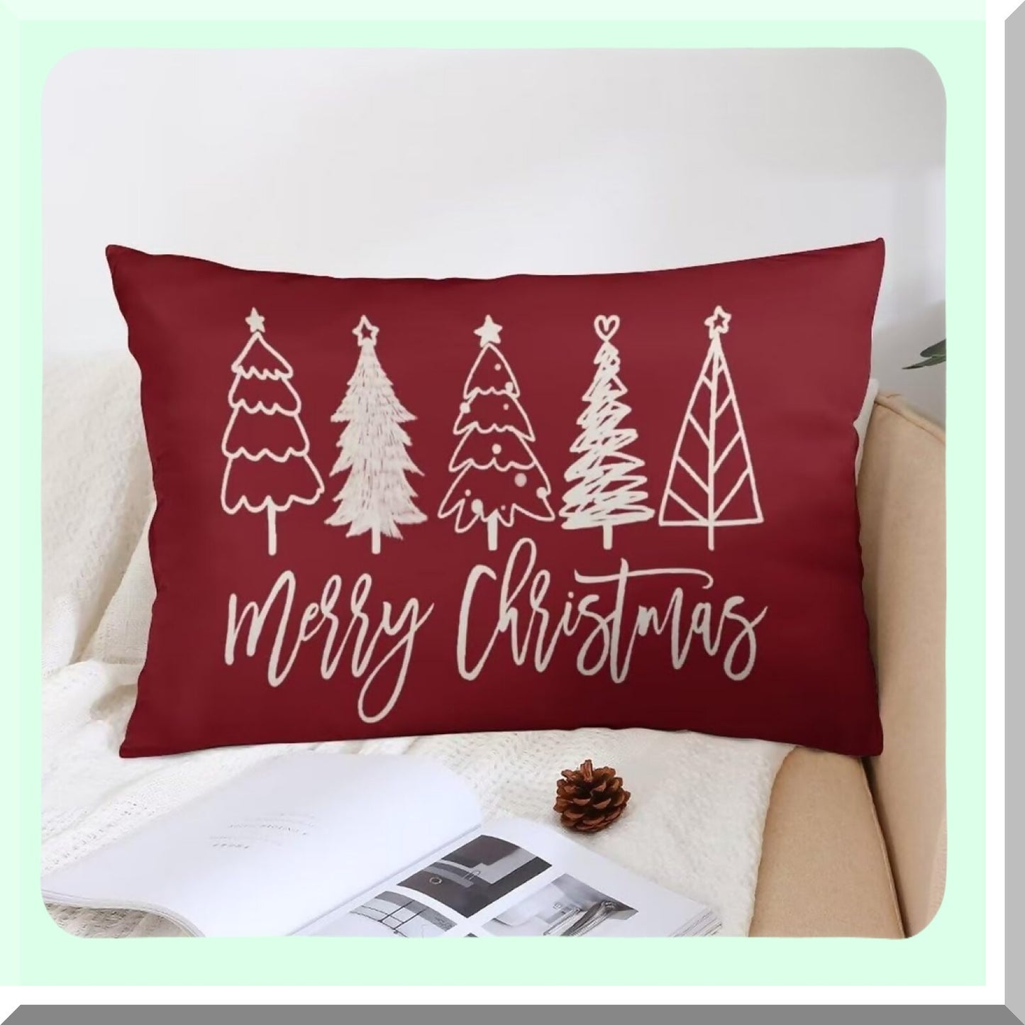 Winter Wonderland Tree Pillowcase Set - Festive Holiday Decorative Cushion Covers for Queen Size Pillows - Red Zippered Lumbar & Standard Cases for Couch and Sofa - 20"x30" Dimensions