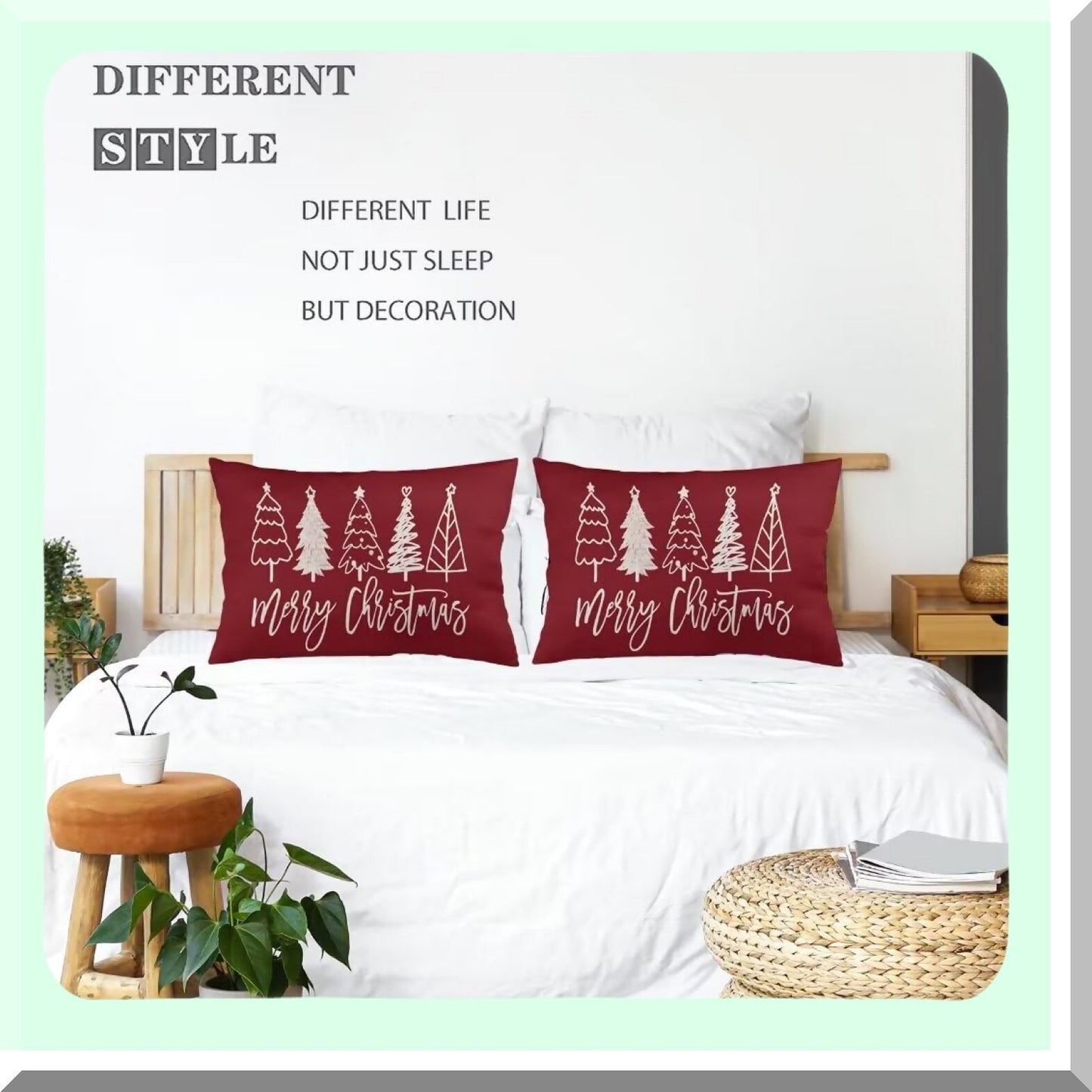 Winter Wonderland Tree Pillowcase Set - Festive Holiday Decorative Cushion Covers for Queen Size Pillows - Red Zippered Lumbar & Standard Cases for Couch and Sofa - 20"x30" Dimensions