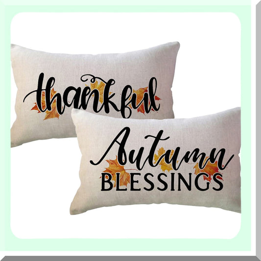 Maple Harvest Blessings Pillow Covers - Set of 2 Autumn Fall Farmhouse Decorative Rectangular/Lumbar Case 1220, Thanksgiving Gift