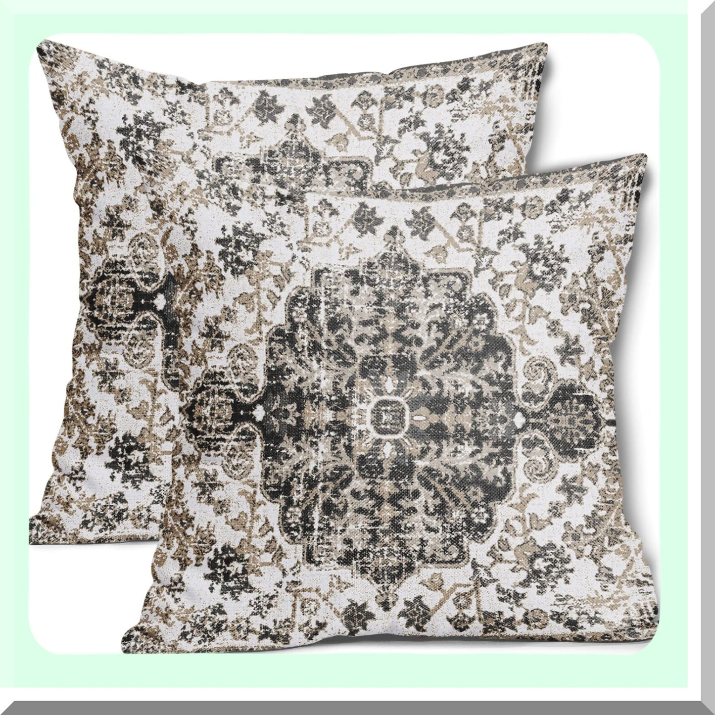 Boho Chic Floral Rug Pillow Covers - Set of 2 Vintage Ethnic Throw Pillow Cases for Farmhouse Home Decor - Black White Grey 20X20 Inches