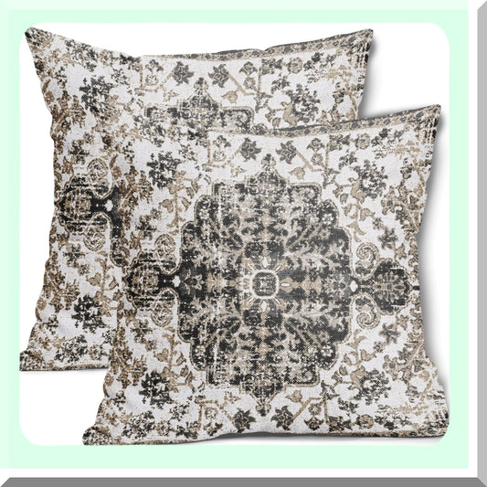 Boho Chic Floral Rug Pillow Covers - Set of 2 Vintage Ethnic Throw Pillow Cases for Farmhouse Home Decor - Black White Grey 20X20 Inches