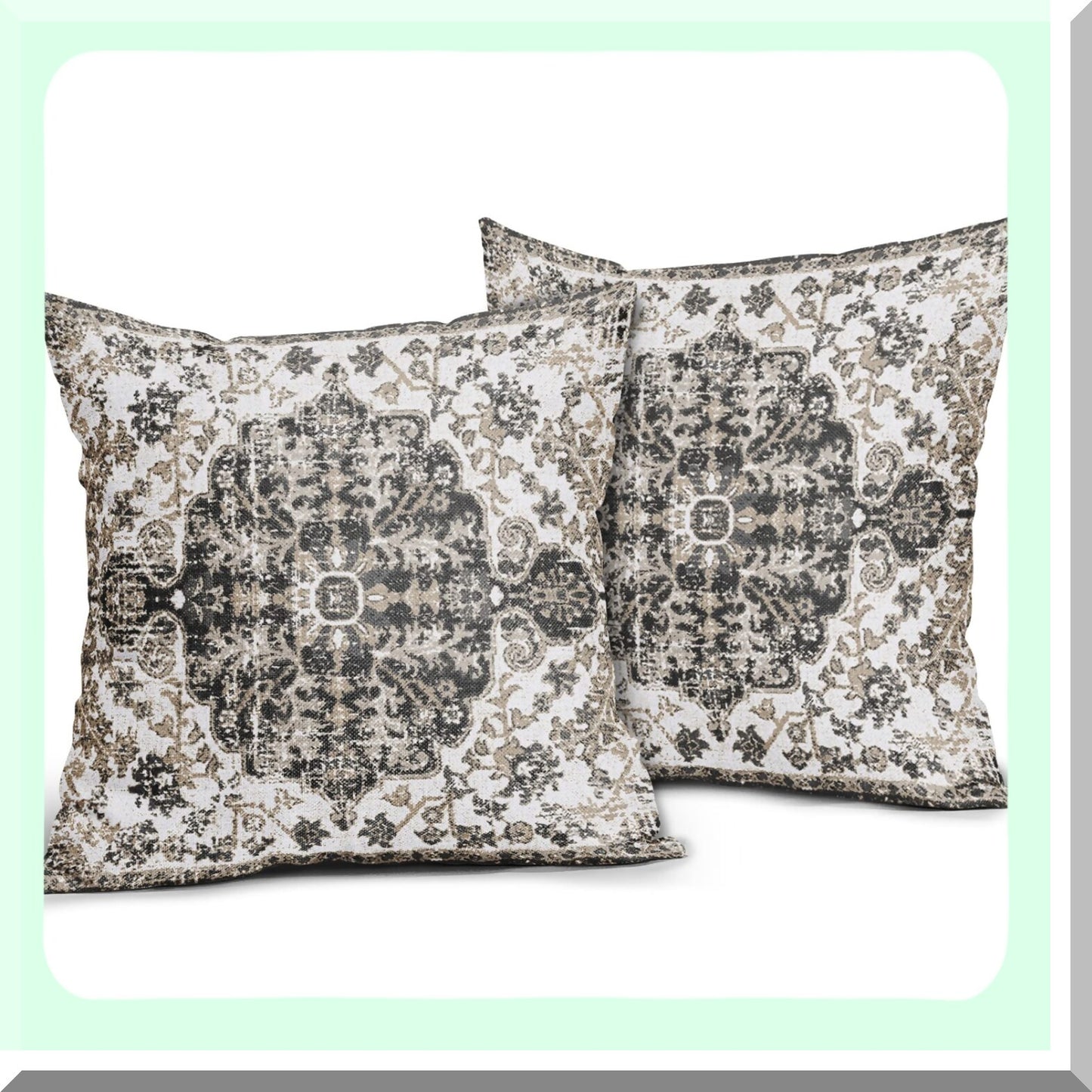 Boho Chic Floral Rug Pillow Covers - Set of 2 Vintage Ethnic Throw Pillow Cases for Farmhouse Home Decor - Black White Grey 20X20 Inches