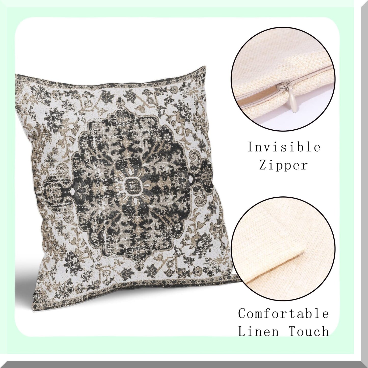 Boho Chic Floral Rug Pillow Covers - Set of 2 Vintage Ethnic Throw Pillow Cases for Farmhouse Home Decor - Black White Grey 20X20 Inches