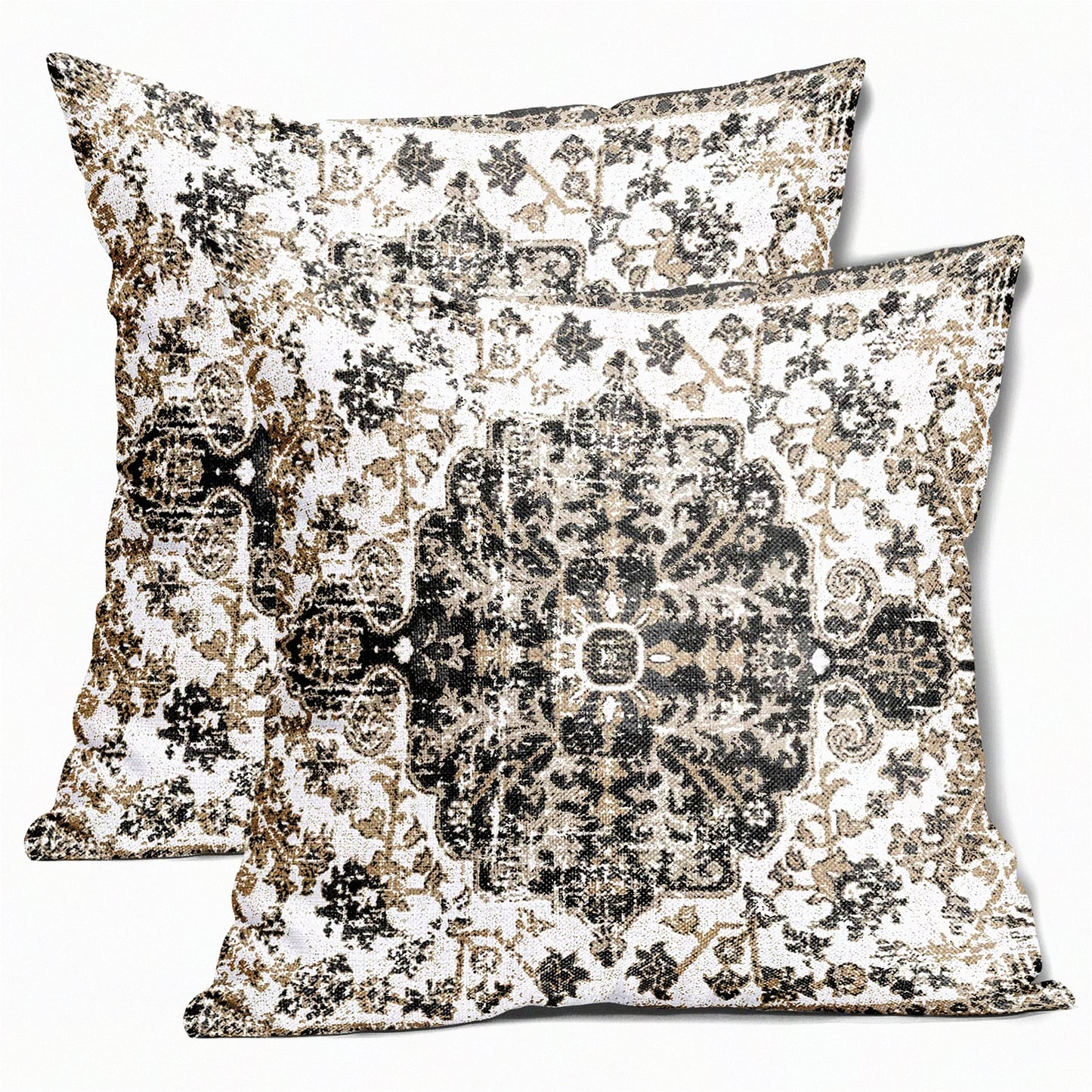 Boho Chic Floral Rug Pillow Covers - Set of 2 Vintage Ethnic Throw Pillow Cases for Farmhouse Home Decor - Black White Grey 20X20 Inches