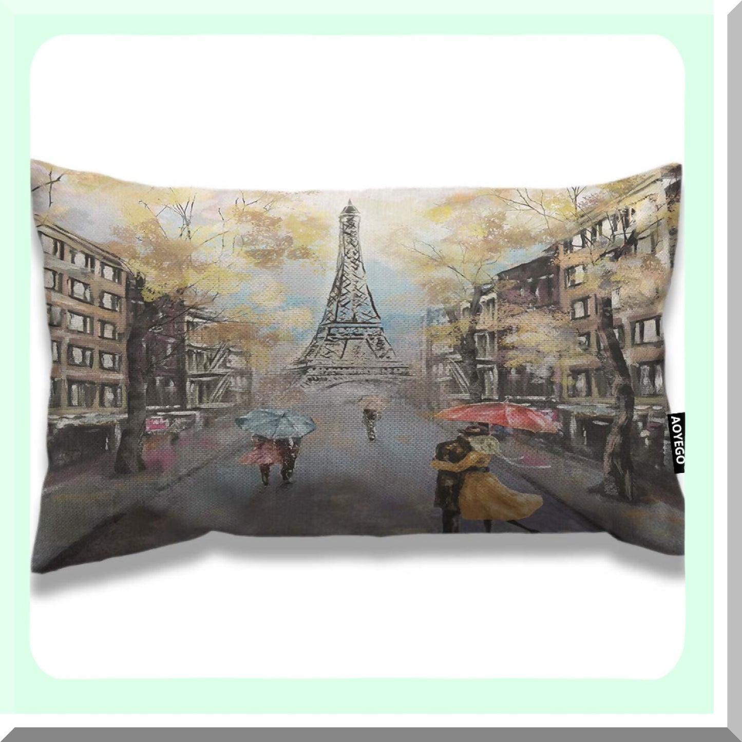Autumn Lovers Kiss Eiffel Tower Pillow Cover - Paris Street Painting Decorative Cushion Case for Bed Sofa - 12x20 Inch Cotton Linen Throw Pillow Cover
